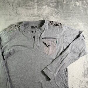 COOGI Aussie Henley Shirt Long Sleeve Pocket Shoulder Detail Gray Mens Size L